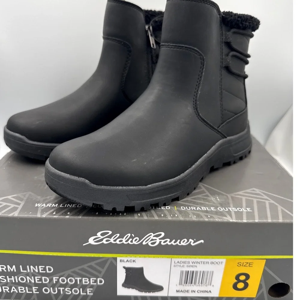 Eddie Bauer Womens Winter Boot Size 8 Black Siren Faux Lined Ankle Rain Snow